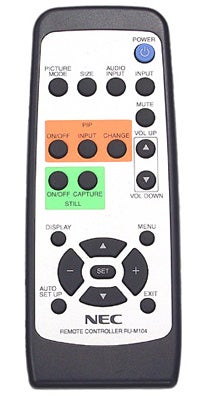 NEC MultiSync LCD4610 display remote control with clearly labeled buttons for power, audio/video controls, and navigation.