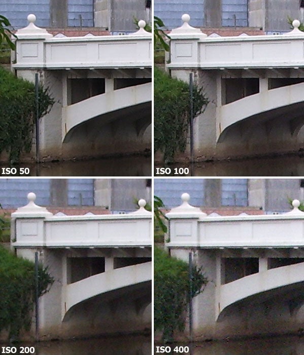 Comparison of image quality at different ISO settings from the Pentax Optio S45 digital camera, showing a bridge with visible noise increase from ISO 50 to ISO 400.