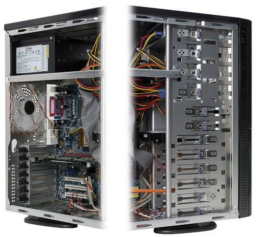 AOpen Nouveau Tower Case open on both sides displaying the internal structure, with visible motherboard, expansion slots, and wiring.