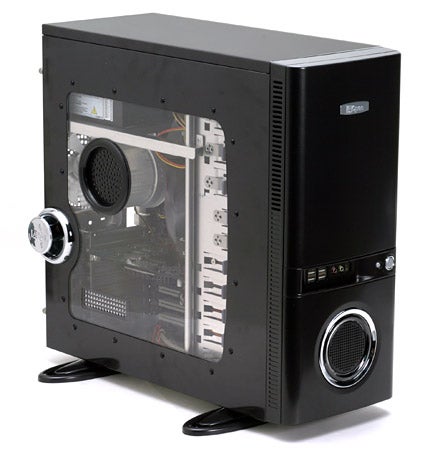 AOpen Nouveau - Tower Case showcasing its side panel with interior components visible, designed with front-facing circular speaker accents and supported by curved feet.