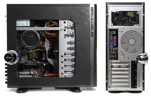 Two views of the AOpen Nouveau Tower Case, one showing the case open with internal components like motherboard, power supply, and wiring, and the other showing the rear panel with ports and expansion slots.