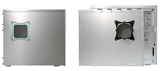 Side-by-side images of Cooler Master Praetorian 731 PC case, showing the sleek silver exterior on the left and the open interior layout with a mounted fan on the back panel on the right.