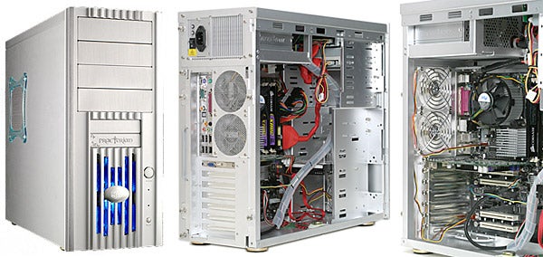 Three views of the Cooler Master Praetorian 731 PC Case, showcasing the external design, internal layout with components installed, and a close-up of the wiring and motherboard section.
