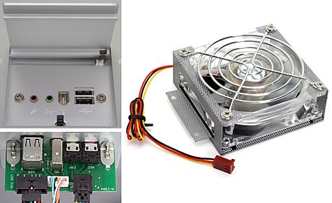 Collage of images related to the Cooler Master Praetorian 731 PC Case, featuring the internal view of the case, a cooling fan, and a circuit board component.