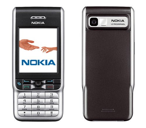 Front and back view of Nokia 3230 mobile phone showing the display screen with Nokia logo and handshake image, keypad, and 1.2-megapixel camera.