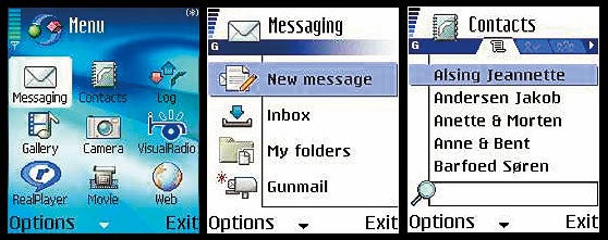 Screenshots of the Nokia 3230 mobile phone interface showing the main menu, messaging menu, and contacts list.