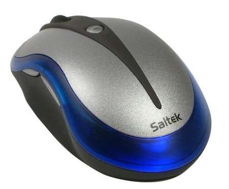 Saitek PC Gaming Mouse with a metallic finish and blue accents, featuring the brand logo on the top.