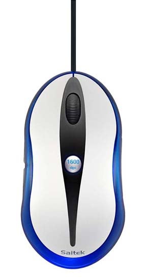 Saitek PC Gaming Mouse with a sleek design featuring a blue and white color scheme and 1600 dpi label on its body.