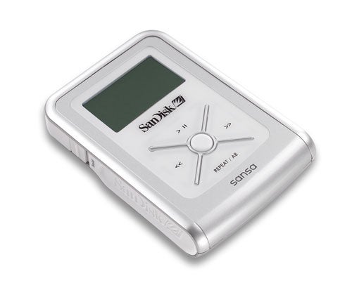 SanDisk Sansa MP3 player with a silver finish, featuring a digital display and circular control pad.