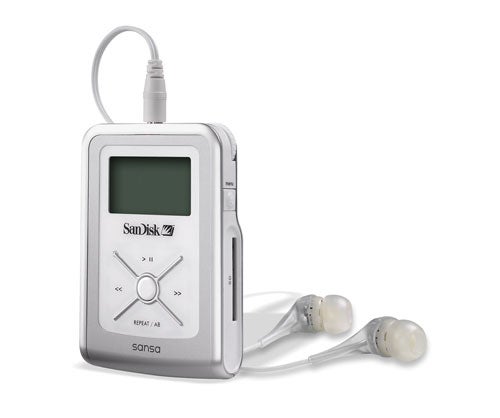 SanDisk Sansa MP3 player with earphones on a white background.