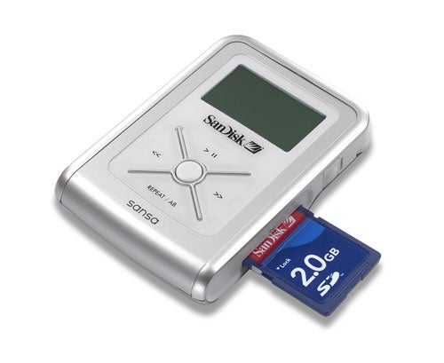 SanDisk Sansa MP3 player with a 2 GB SD card inserted, displayed on a white background.