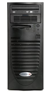 Black Supermicro server tower front view.