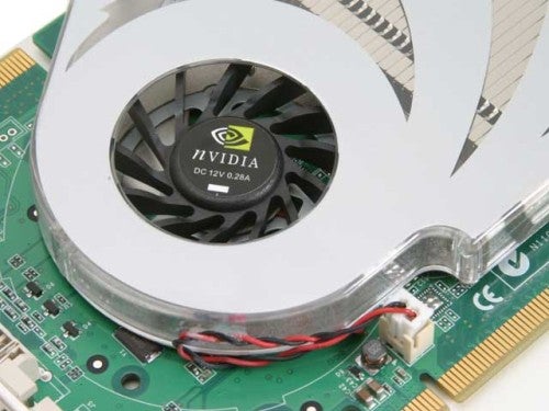 Close-up of nVidia GeForce 7800 GT Reference Card showing the cooling fan and part of the circuit board.