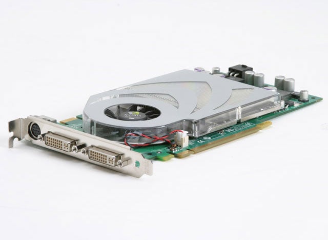 nVidia GeForce 7800 GT reference graphics card on a white background, showing the cooler design and video output ports.