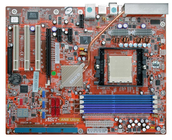 Top-down view of the ABIT AN8 Ultra motherboard showcasing the passively cooled chipset, slots for RAM, CPU socket, and array of ports and connectors.