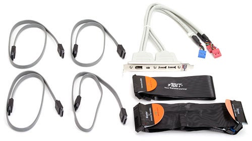 Accessories included with the ABIT AN8 Ultra Motherboard, featuring cables and a backplate.