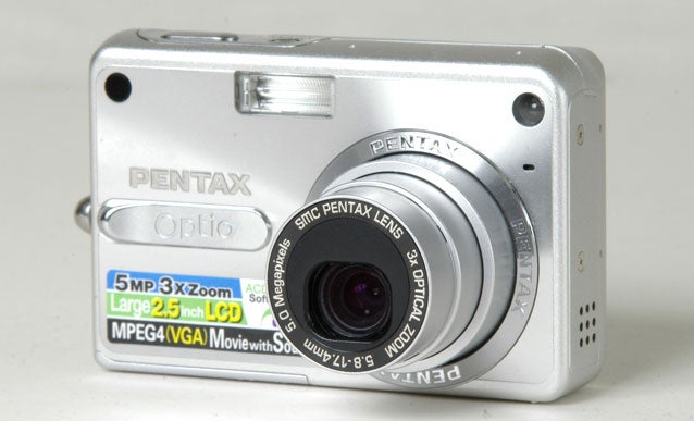 Pentax Optio S5z camera showcased on a white background, highlighting its 5MP 3x zoom lens and large 2.5-inch LCD screen.