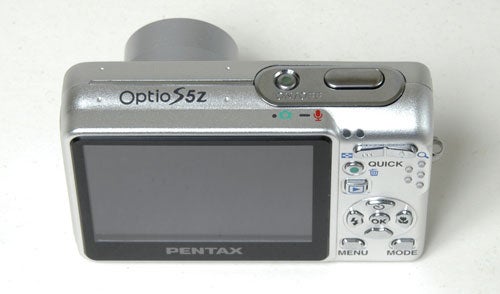 Rear view of Pentax Optio S5z digital camera showing the large LCD screen and control buttons.