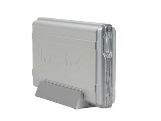 Silver Maxtor OneTouch II FireWire 800 Edition external hard disk standing on a gray base with logo visible on the front and vented side panel.