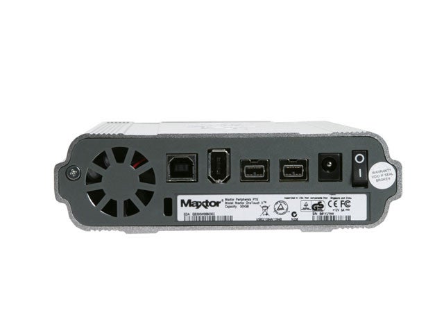 Rear view of Maxtor OneTouch II FireWire 800 Edition external hard drive showing ports and power supply connection.