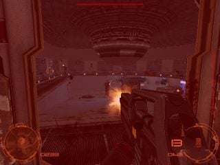 First-person view from the PC game Chrome Specforce, showing a player holding a firearm in a sci-fi environment with enemy targets ahead.