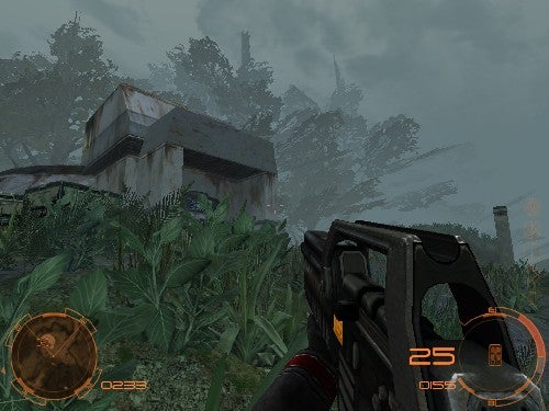 Screenshot of the first-person shooter game Chrome Specforce showing a player's perspective with a futuristic weapon aimed at a jungle environment with dilapidated buildings.