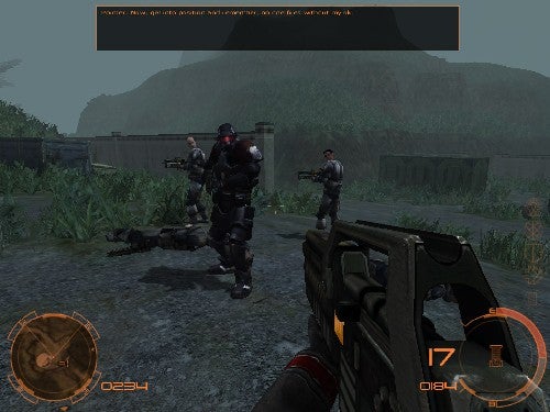 Screenshot of 'Chrome Specforce - PC FPS' gameplay showing a first-person view with the player wielding a gun, teammates in the background, and a heads-up display (HUD) with game information.