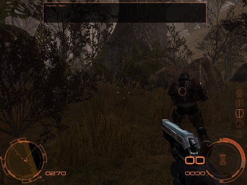 Screenshot from the first-person shooter game Chrome Specforce showing an in-game scene with a player holding a futuristic handgun, HUD elements, and a forest environment.