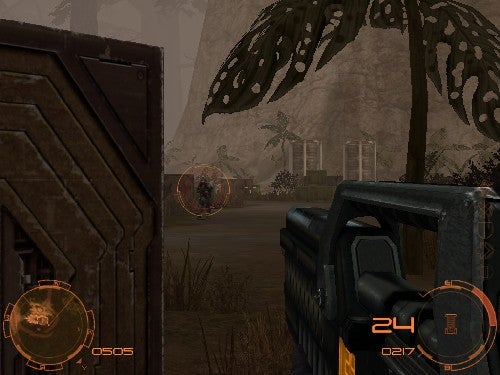 In-game screenshot from 'Chrome Specforce - PC FPS', showing a first-person perspective with a weapon ready and an enemy targeted, with a jungle environment in the background.