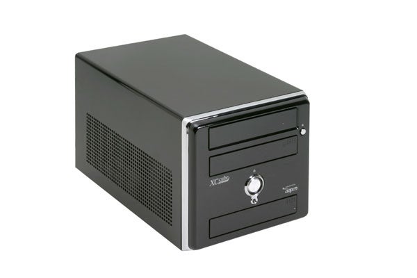 AOpen XC Cube EZ482 Small Form Factor Barebone system with a sleek black design, front USB ports, and the XCube logo on the CD drive bay cover.