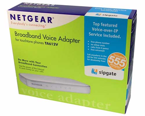 NetGear TA612V Broadband Voice Adapter box packaging for VoIP services with the Sipgate logo, showcasing included features and 
