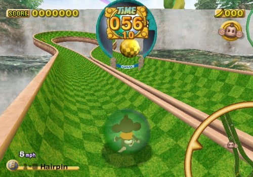 Screenshot of gameplay from Super Monkey Ball Deluxe showing a monkey character inside a transparent ball on a curved green track with a 'Time' counter and score indicators displayed on the screen.