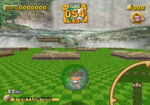 Screenshot of gameplay from Super Monkey Ball Deluxe showing a character inside a transparent ball navigating a level with grassy platforms, floating scores, a timer on top, and a backdrop of misty waterfalls.