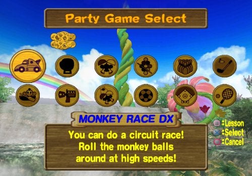Screenshot of the 'Party Game Select' menu from the video game 'Super Monkey Ball Deluxe' showing various game options with a focus on 'MONKEY RACE DX'.