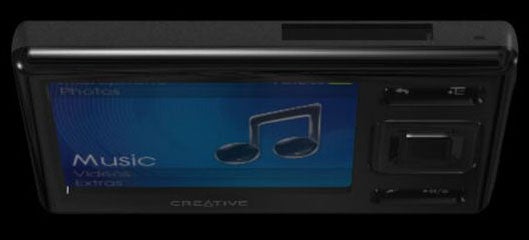 Black Creative digital audio player with a blue screen displaying options for Music, Videos, and Extras.