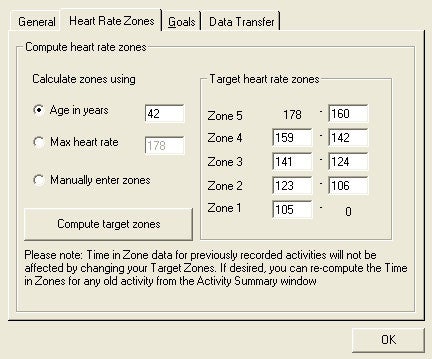 Screenshot of the Timex Bodylink System with Data Recorder software interface showing the Heart Rate Zones tab where users can compute heart rate zones based on age, with input fields and target heart rate zones displayed.
