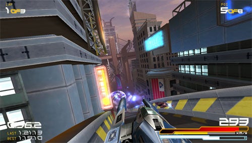 Screenshot of WipEout Pure gameplay on PSP showing futuristic racing track.