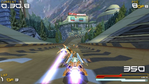 Screenshot of WipEout Pure gameplay showing racing craft and track.