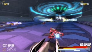 Screenshot of WipEout Pure gameplay showing racing action