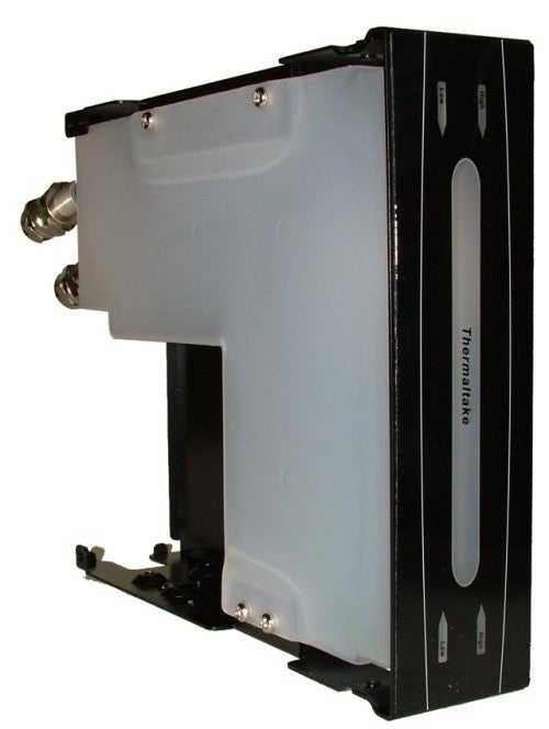 Thermaltake Bigwater SE liquid cooling system component with clear reservoir and black detailing on a white background.