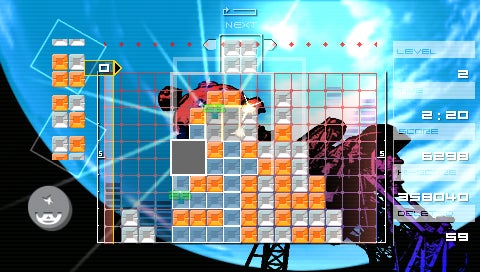 Screenshot of gameplay from the Lumines game showing colorful blocks arranged in a grid pattern with score, level, time, and next block preview displayed on the screen.