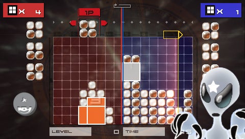 Screenshot of Lumines game showing a puzzle gameplay interface with a score display, two play areas filled with colored blocks, and an animated character to the right.