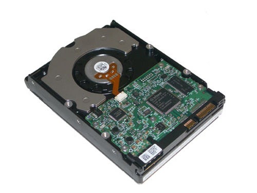 Product image of a Hitachi Deskstar 7K500 Hard Drive, showing the circuit board and the spindle motor top view.