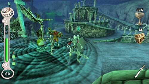 Screenshot from MediEvil Resurrection gameplay featuring combat scene.
