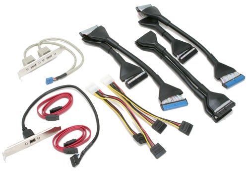 Various cables and connectors included with the Foxconn 955X7AA-8EKRS2 Motherboard, featuring SATA cables, a Molex to SATA power adapter, and an I/O shield.