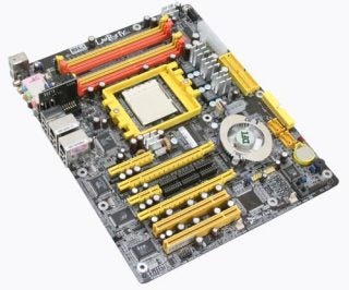 DFI Lanparty UT nF4 SLI-D motherboard viewed from above, showcasing the CPU socket, RAM slots, PCI-E and PCI slots, and the distinctive yellow, red, and gray color scheme.