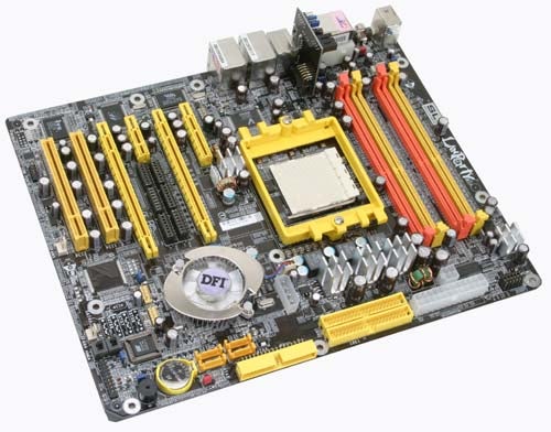 Overhead view of a DFI Lanparty UT nF4 SLI-D Motherboard highlighting its yellow and red DIMM slots, CPU socket, and SLI-capable PCIe slots.
