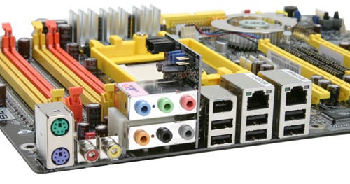 Close-up view of the DFI Lanparty UT nF4 SLI-D Motherboard highlighting the rear port connectors and expansion slots, with a focus on the colorful input/output interface.