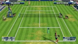 Screenshot of Virtua Tennis: World Tour video game showing a tennis match in progress with two players positioned on a grass court, displaying the scoreboard, player names, and speed of the ball.