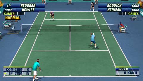 Screenshot from the video game 'Virtua Tennis: World Tour' showing a tennis match in progress with virtual representations of professional players Federer and Hewitt against Roddick and Henman. The scoreboard displays 0-15.